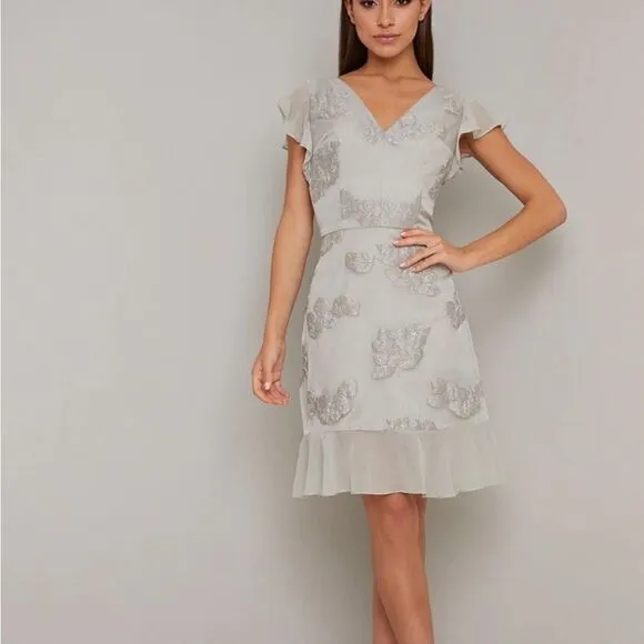 Jacquard Frill Detail Dress In Silver