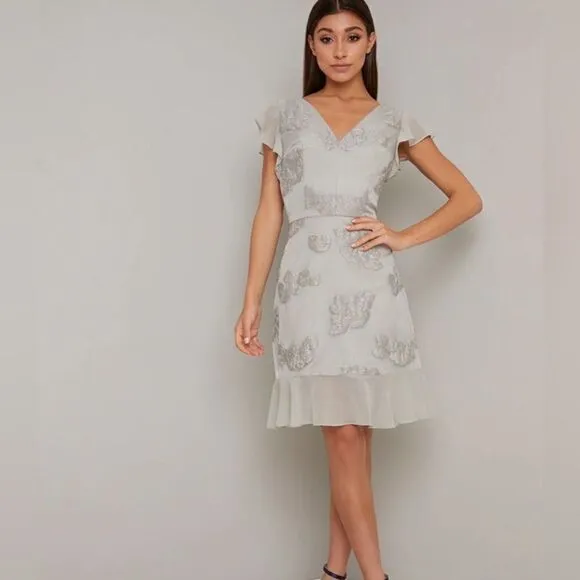 Jacquard Frill Detail Dress In Silver