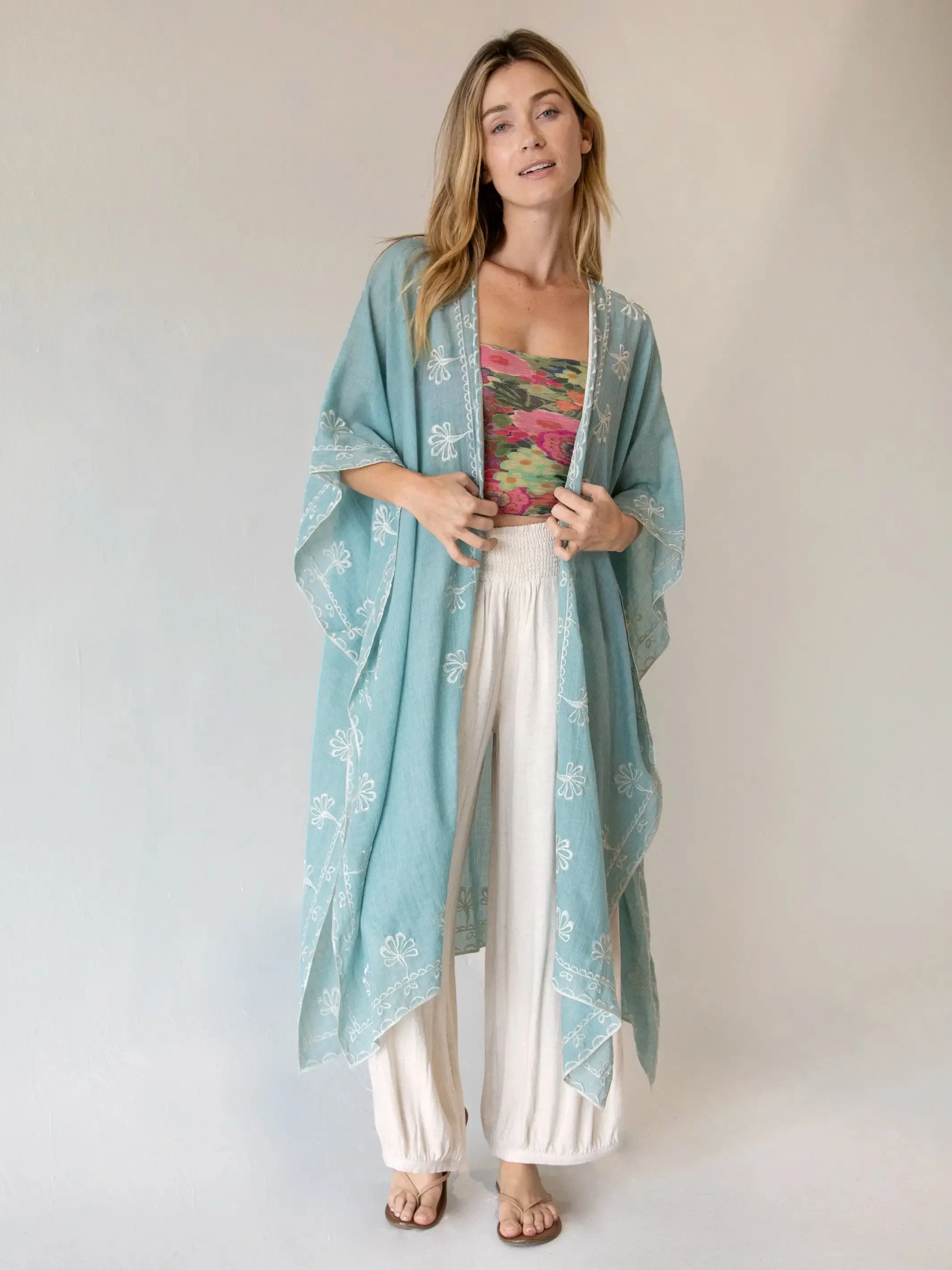 Jamie Embroidered Duster - Light Turquoise