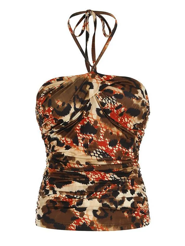 JazzHer Vintage Print Sexy Backless Halter Tank Top