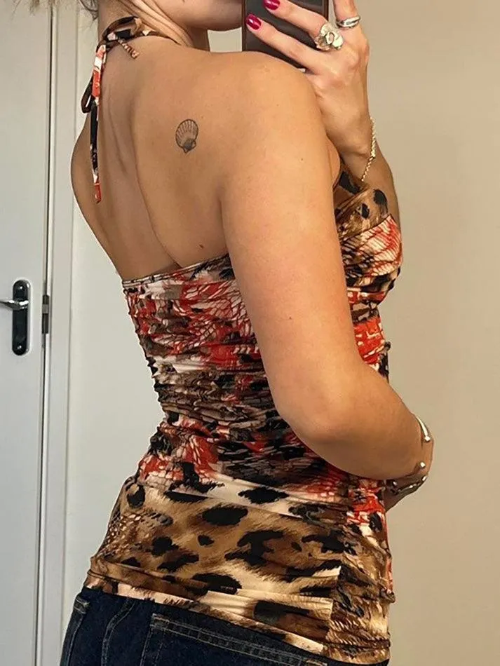JazzHer Vintage Print Sexy Backless Halter Tank Top