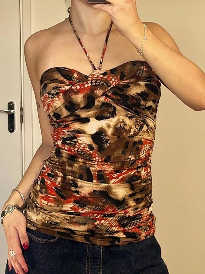 JazzHer Vintage Print Sexy Backless Halter Tank Top