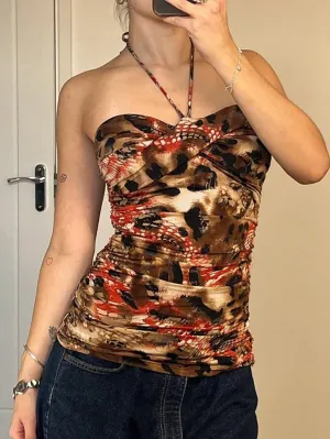 JazzHer Vintage Print Sexy Backless Halter Tank Top
