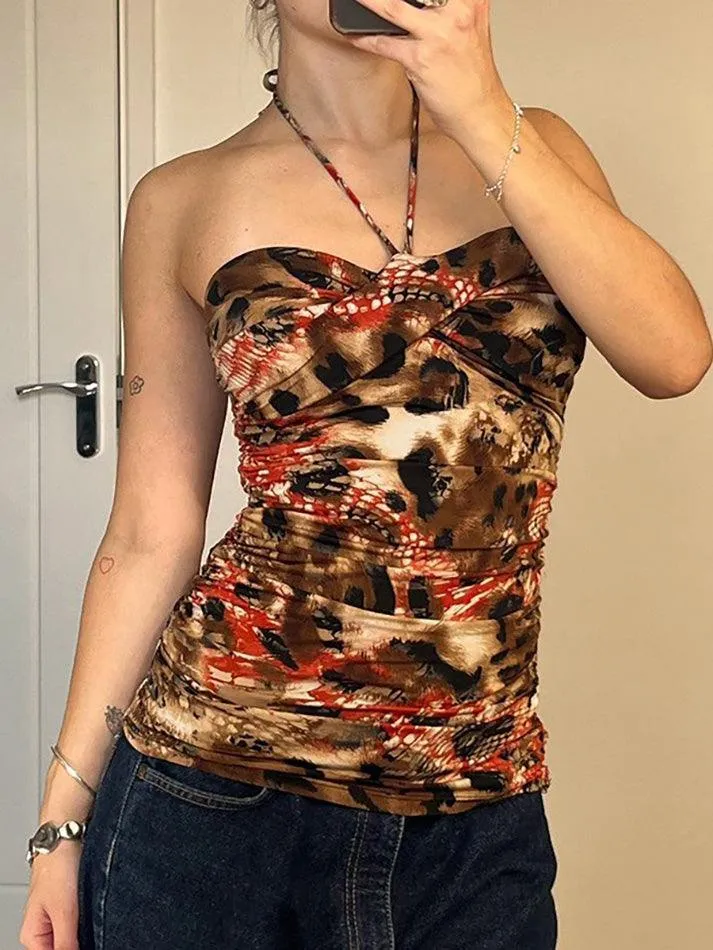 JazzHer Vintage Print Sexy Backless Halter Tank Top
