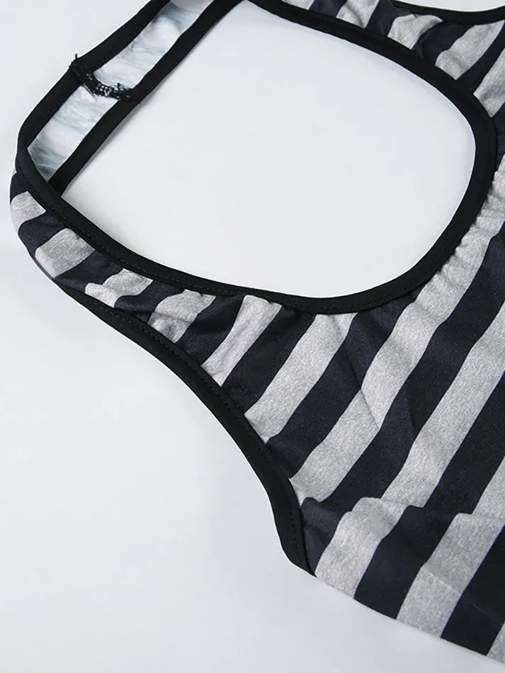 JazzHer Wing Rhinestone Halter Backless Striped Tank Top