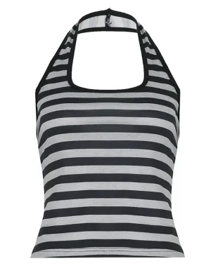 JazzHer Wing Rhinestone Halter Backless Striped Tank Top