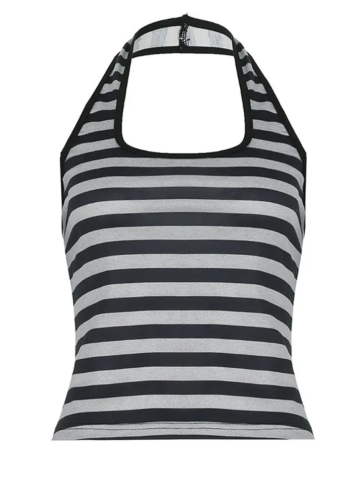 JazzHer Wing Rhinestone Halter Backless Striped Tank Top