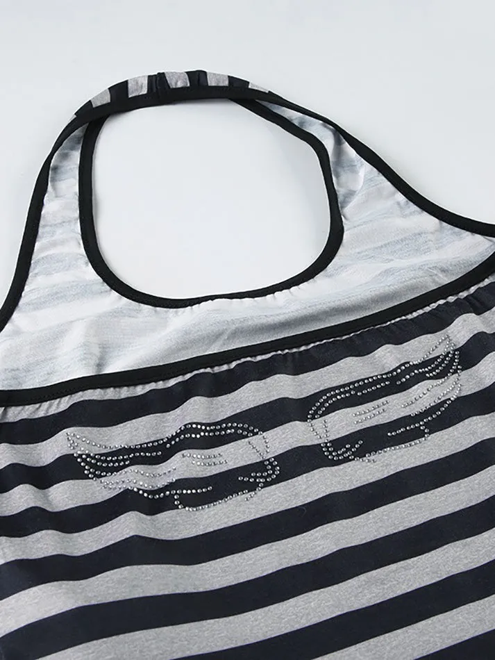 JazzHer Wing Rhinestone Halter Backless Striped Tank Top