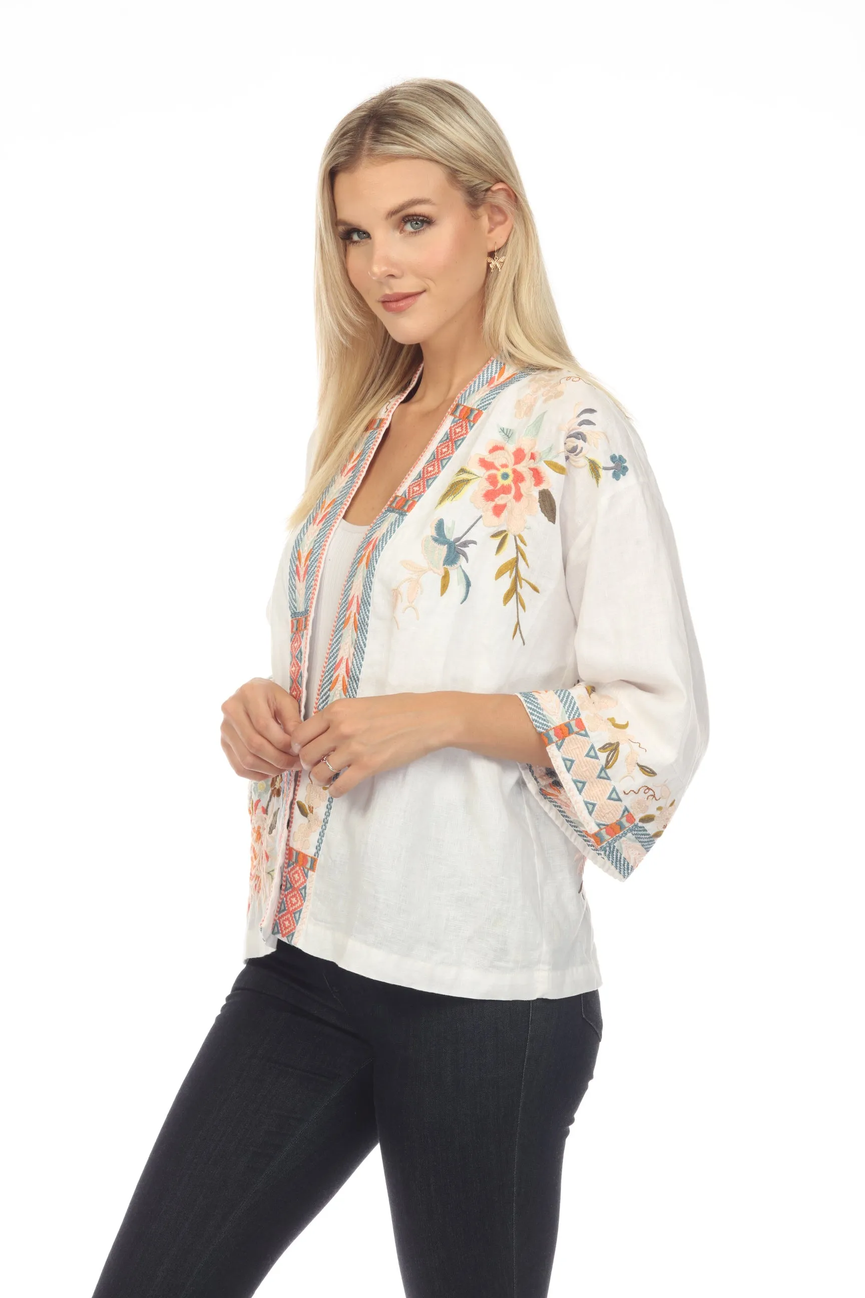 Johnny Was JWLA Ceretti Linen Floral Embroidered Cropped Kimono Chic J48123