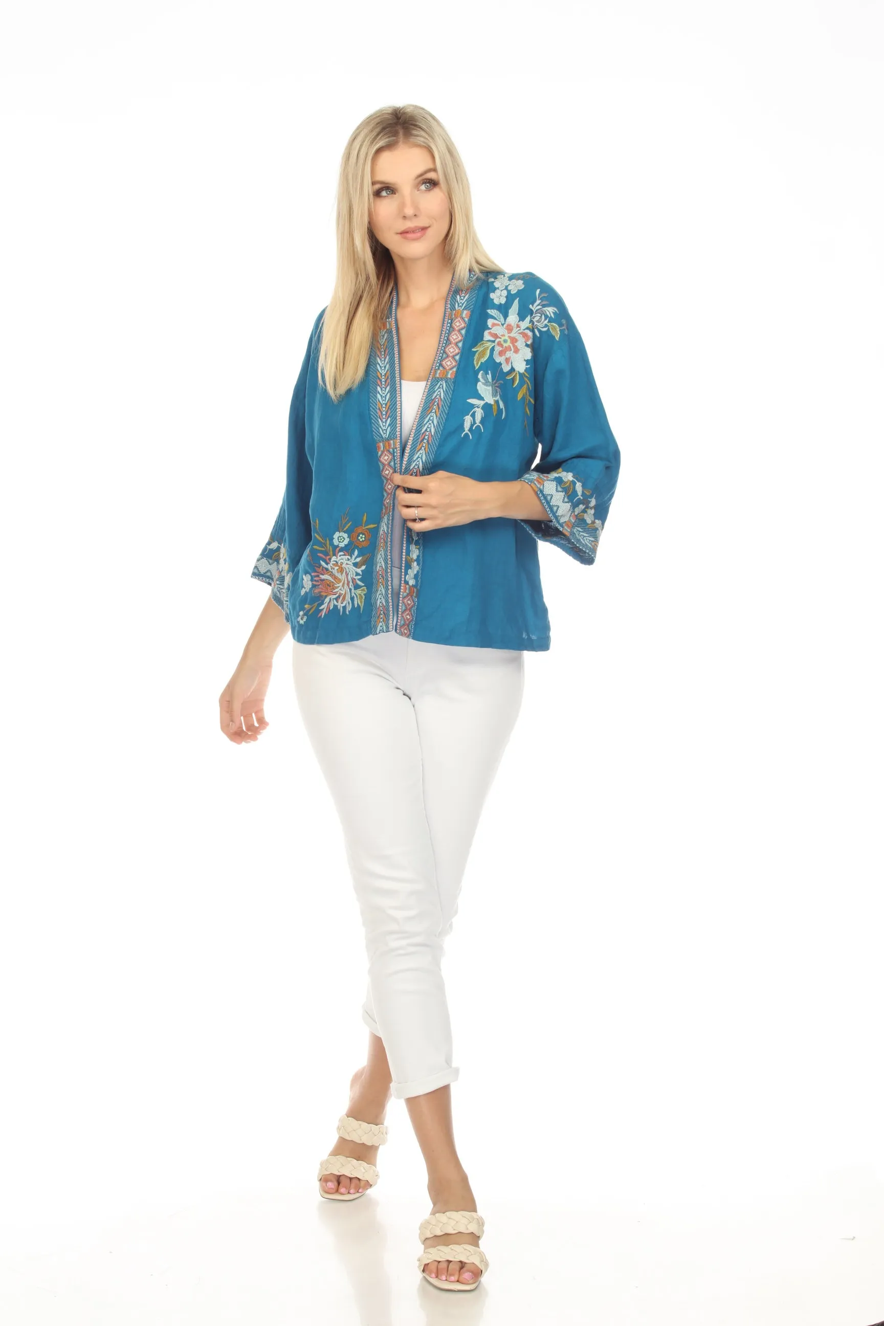 Johnny Was JWLA Ceretti Linen Floral Embroidered Cropped Kimono Chic J48123