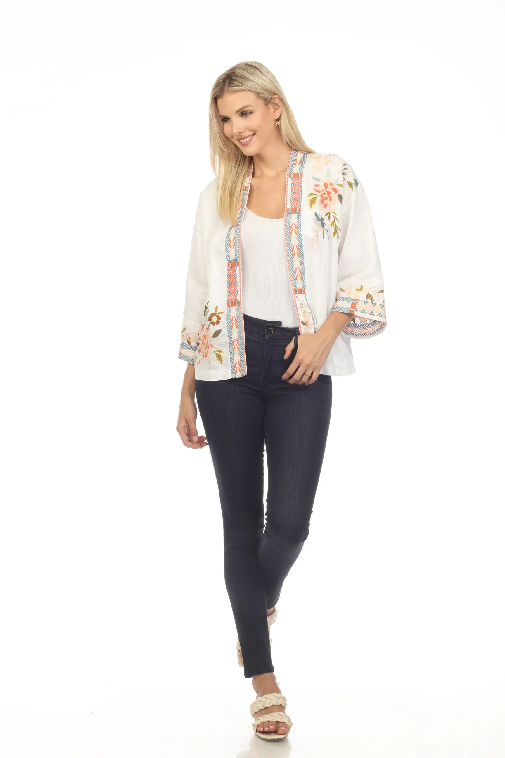 Johnny Was JWLA Ceretti Linen Floral Embroidered Cropped Kimono Chic J48123
