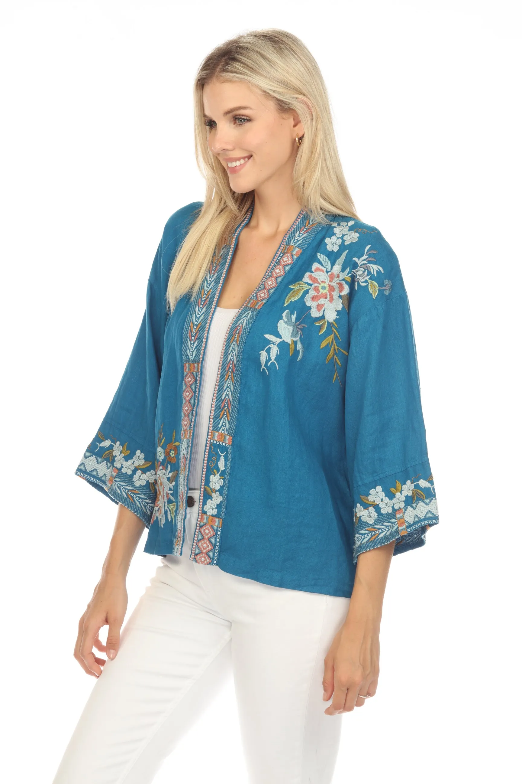 Johnny Was JWLA Ceretti Linen Floral Embroidered Cropped Kimono Chic J48123