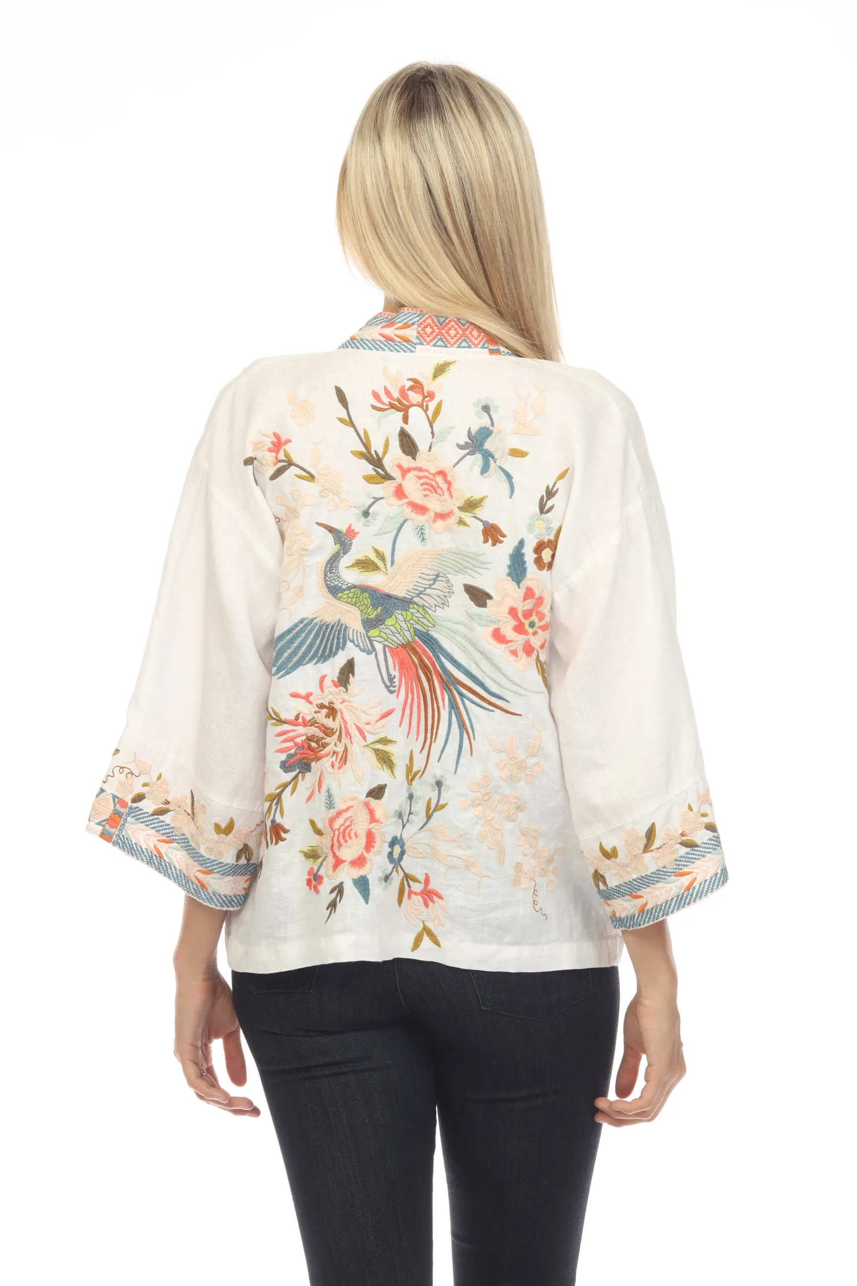 Johnny Was JWLA Ceretti Linen Floral Embroidered Cropped Kimono Chic J48123