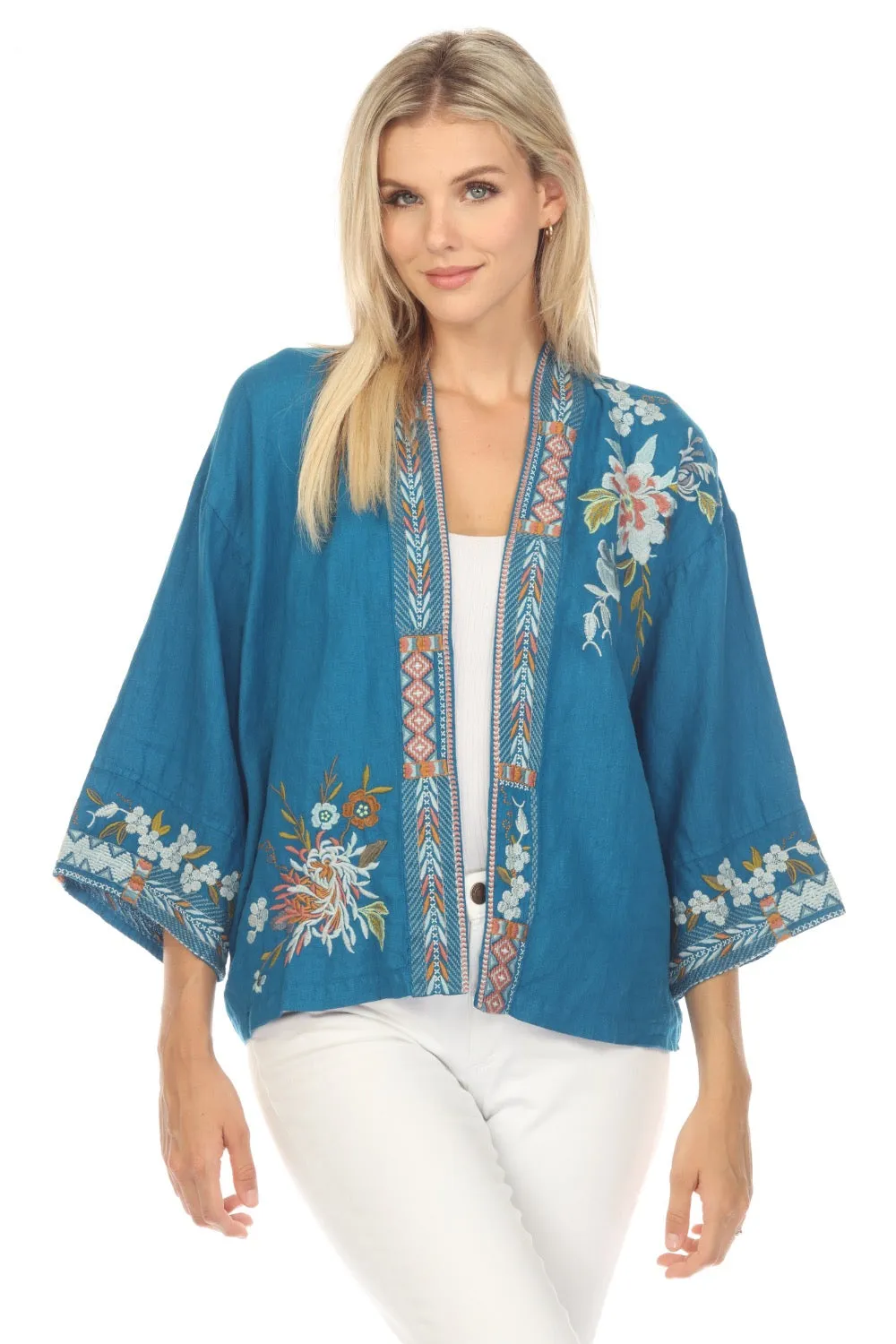 Johnny Was JWLA Ceretti Linen Floral Embroidered Cropped Kimono Chic J48123