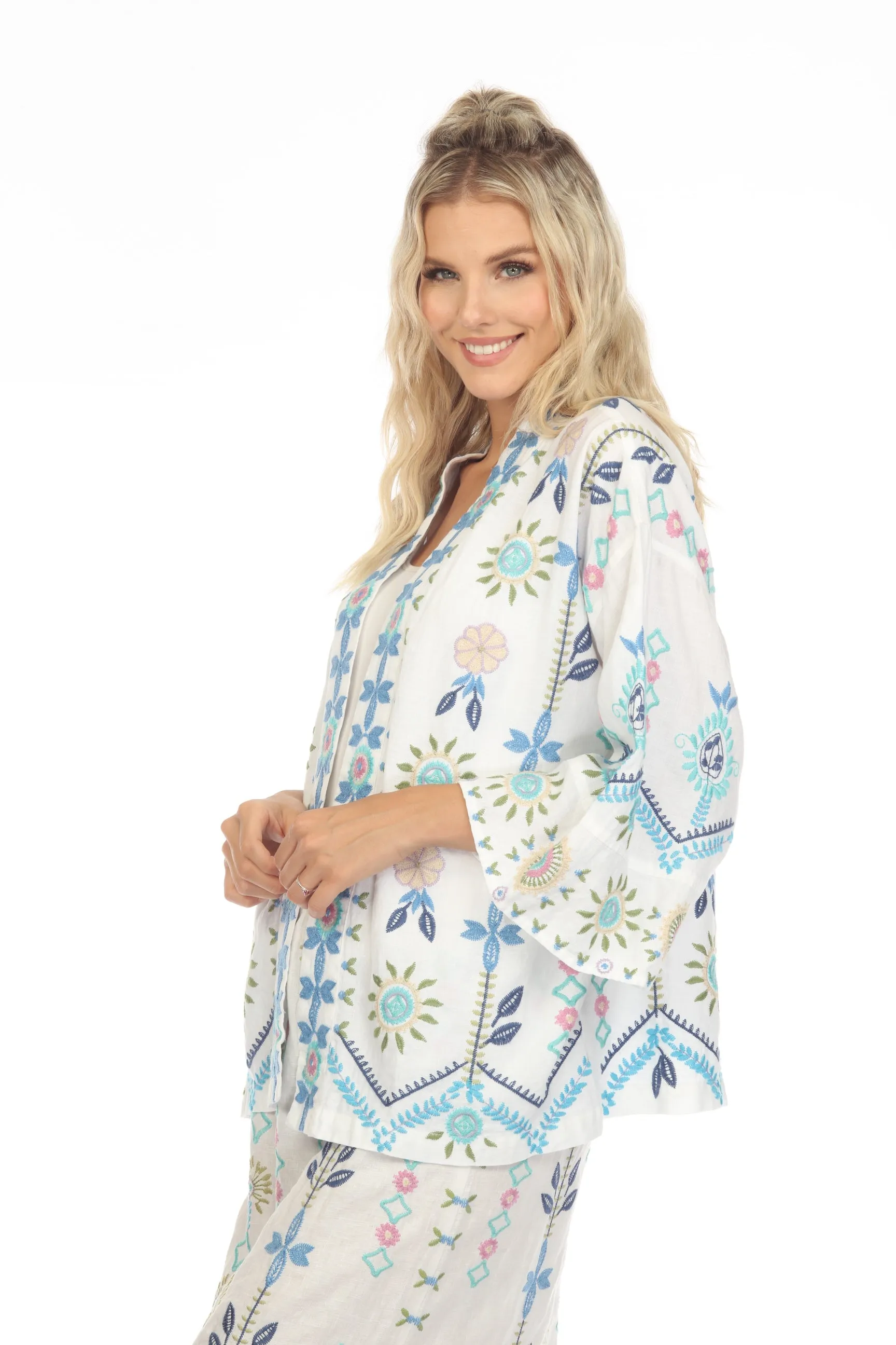 Johnny Was JWLA Oriel Cropped Linen Embroidered Kimono Boho Chic J47923