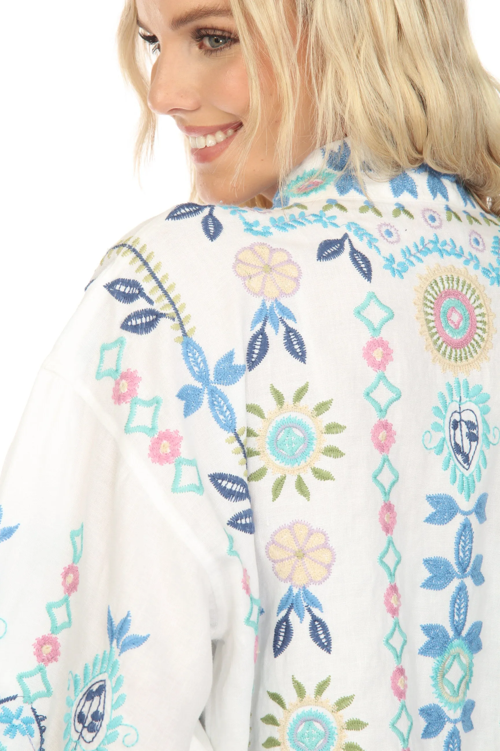 Johnny Was JWLA Oriel Cropped Linen Embroidered Kimono Boho Chic J47923
