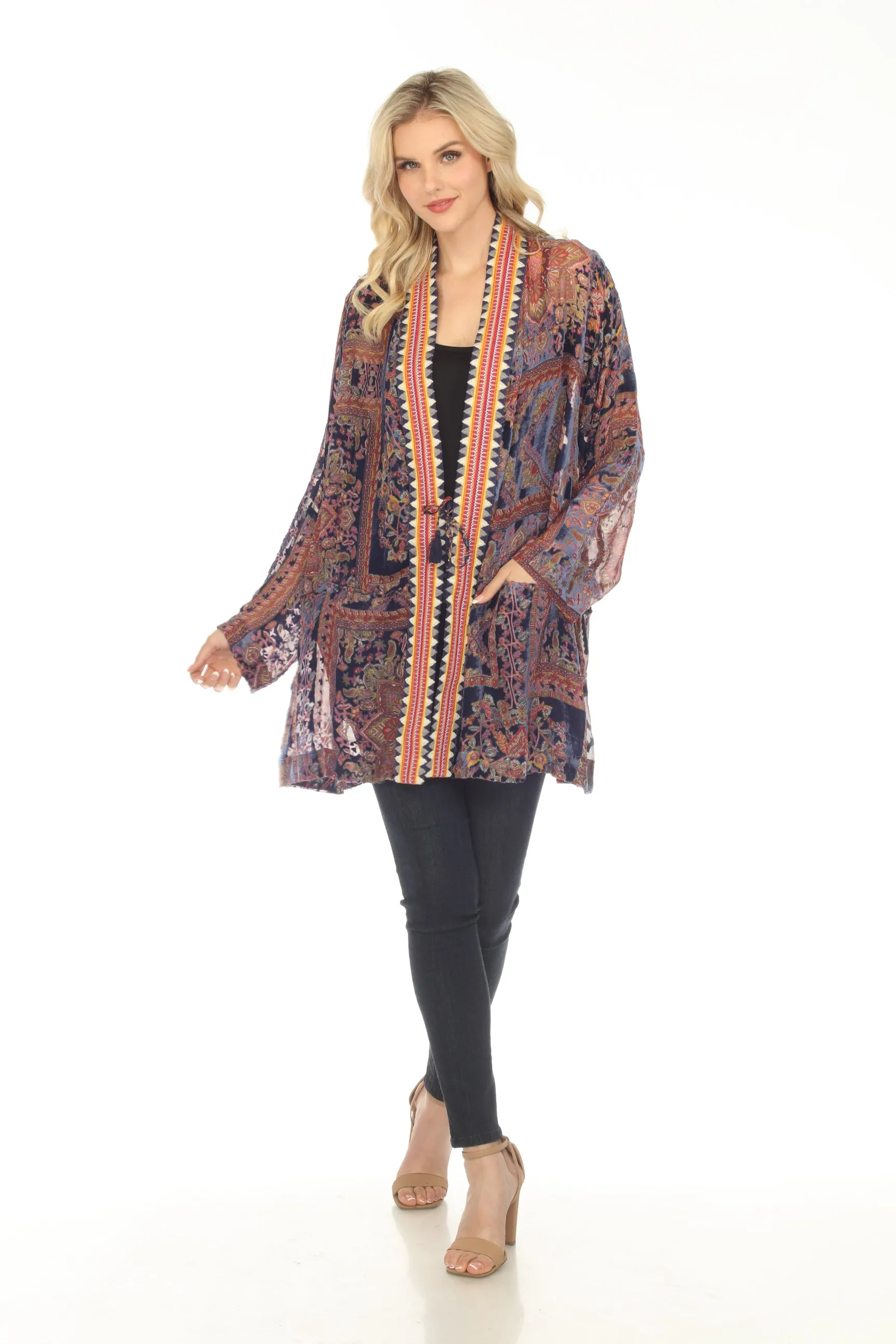 Johnny Was Omo Burnout Velvet Paisley Tasseled Kimono Boho Chic R49623