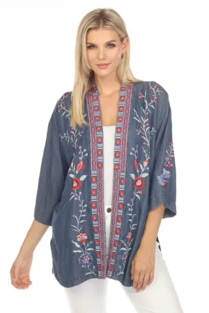 Johnny Was Workshop Blue Piper Embroidered Shirt Tail Kimono Boho Chic W41023