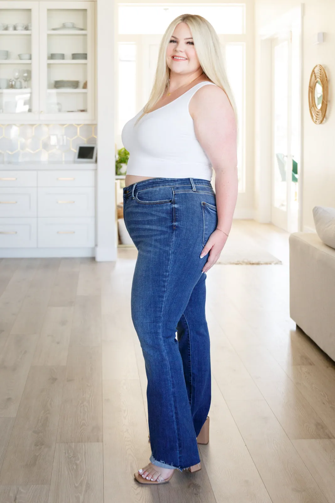Josephine Mid Rise Raw Hem Bootcut Jeans by Judy Blue