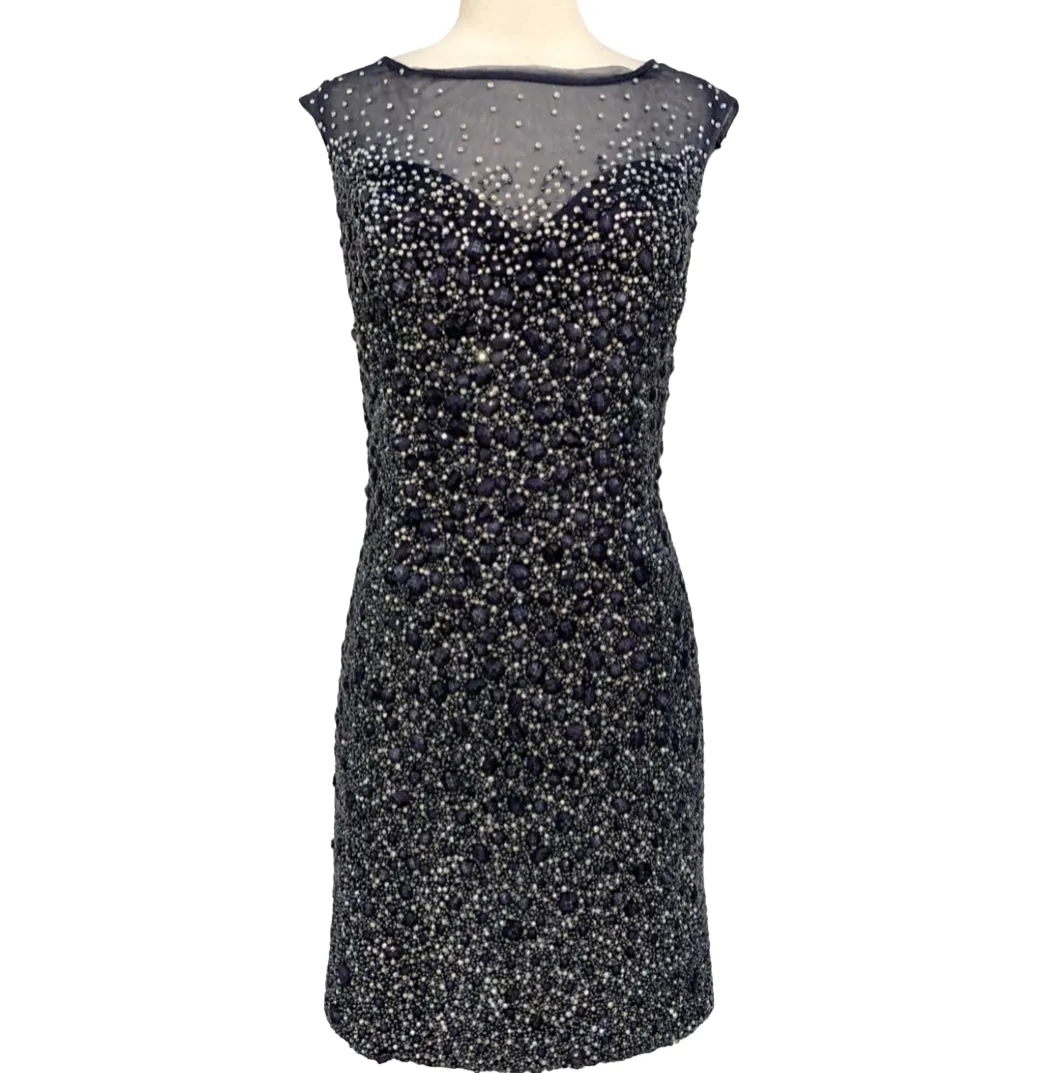 JOVANI Navy V-Back Embellished Sheath Dress Size 16