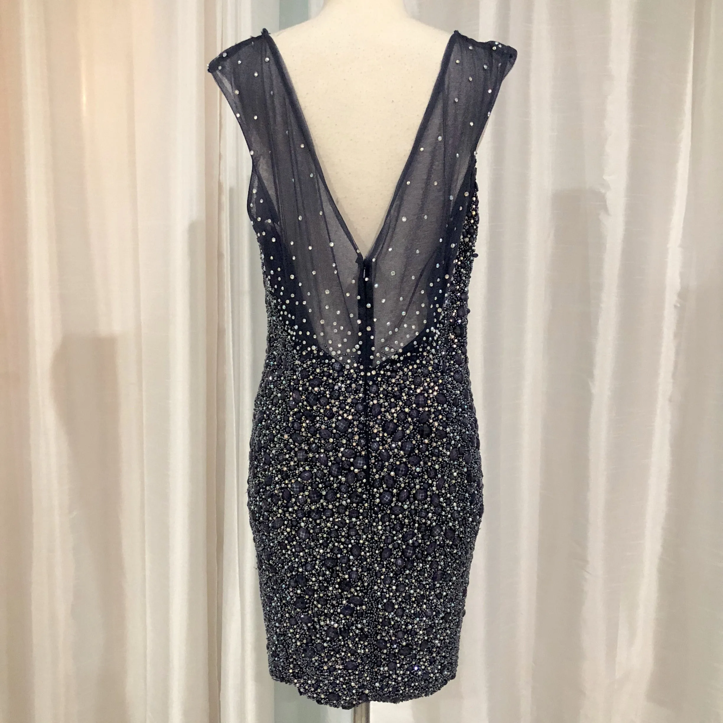JOVANI Navy V-Back Embellished Sheath Dress Size 16