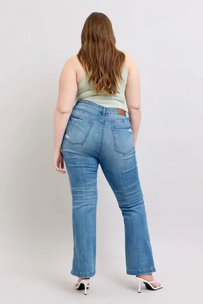 JUDY BLUE HW TUMMY CONTROL VINTAGE WASH SIDE SLIT SLIM BOOT JEANS
