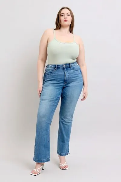 JUDY BLUE HW TUMMY CONTROL VINTAGE WASH SIDE SLIT SLIM BOOT JEANS