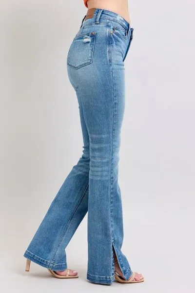JUDY BLUE HW TUMMY CONTROL VINTAGE WASH SIDE SLIT SLIM BOOT JEANS