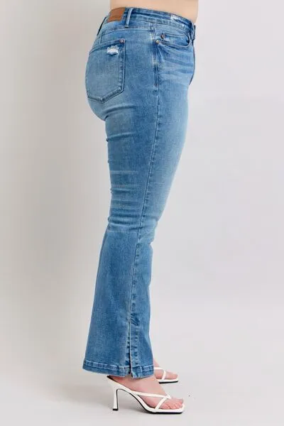JUDY BLUE HW TUMMY CONTROL VINTAGE WASH SIDE SLIT SLIM BOOT JEANS