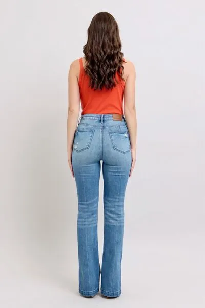 JUDY BLUE HW TUMMY CONTROL VINTAGE WASH SIDE SLIT SLIM BOOT JEANS