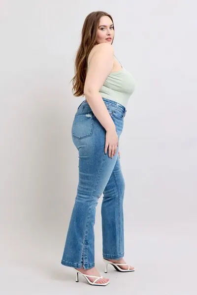 JUDY BLUE HW TUMMY CONTROL VINTAGE WASH SIDE SLIT SLIM BOOT JEANS