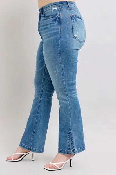 JUDY BLUE HW TUMMY CONTROL VINTAGE WASH SIDE SLIT SLIM BOOT JEANS