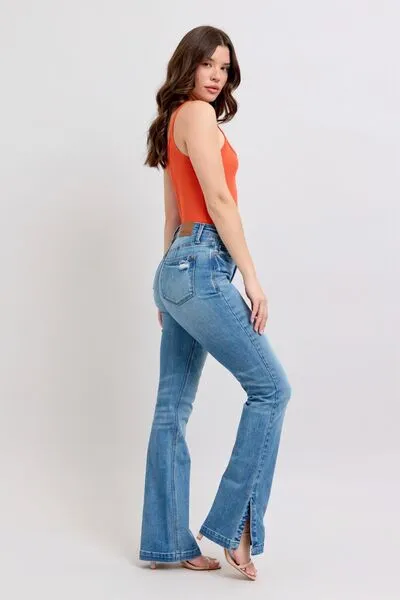 JUDY BLUE HW TUMMY CONTROL VINTAGE WASH SIDE SLIT SLIM BOOT JEANS