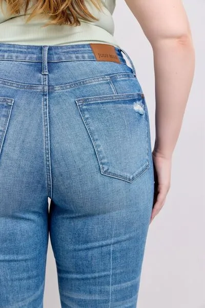 JUDY BLUE HW TUMMY CONTROL VINTAGE WASH SIDE SLIT SLIM BOOT JEANS
