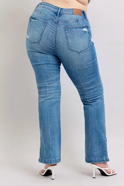 JUDY BLUE HW TUMMY CONTROL VINTAGE WASH SIDE SLIT SLIM BOOT JEANS