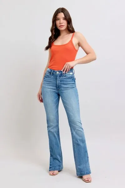 JUDY BLUE HW TUMMY CONTROL VINTAGE WASH SIDE SLIT SLIM BOOT JEANS