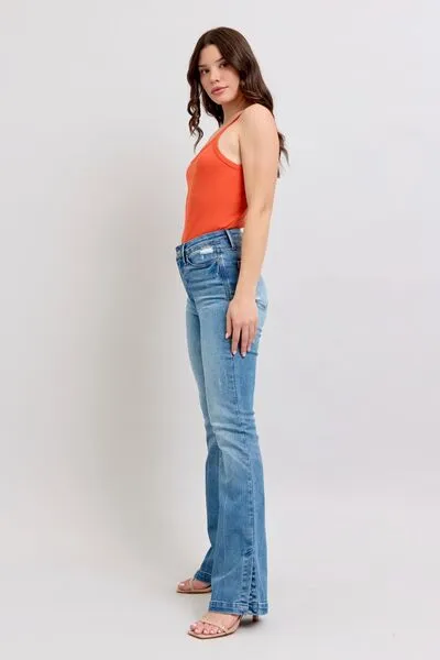 JUDY BLUE HW TUMMY CONTROL VINTAGE WASH SIDE SLIT SLIM BOOT JEANS