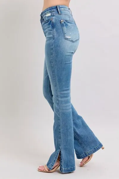 JUDY BLUE HW TUMMY CONTROL VINTAGE WASH SIDE SLIT SLIM BOOT JEANS