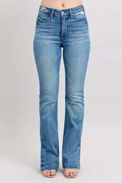 JUDY BLUE HW TUMMY CONTROL VINTAGE WASH SIDE SLIT SLIM BOOT JEANS