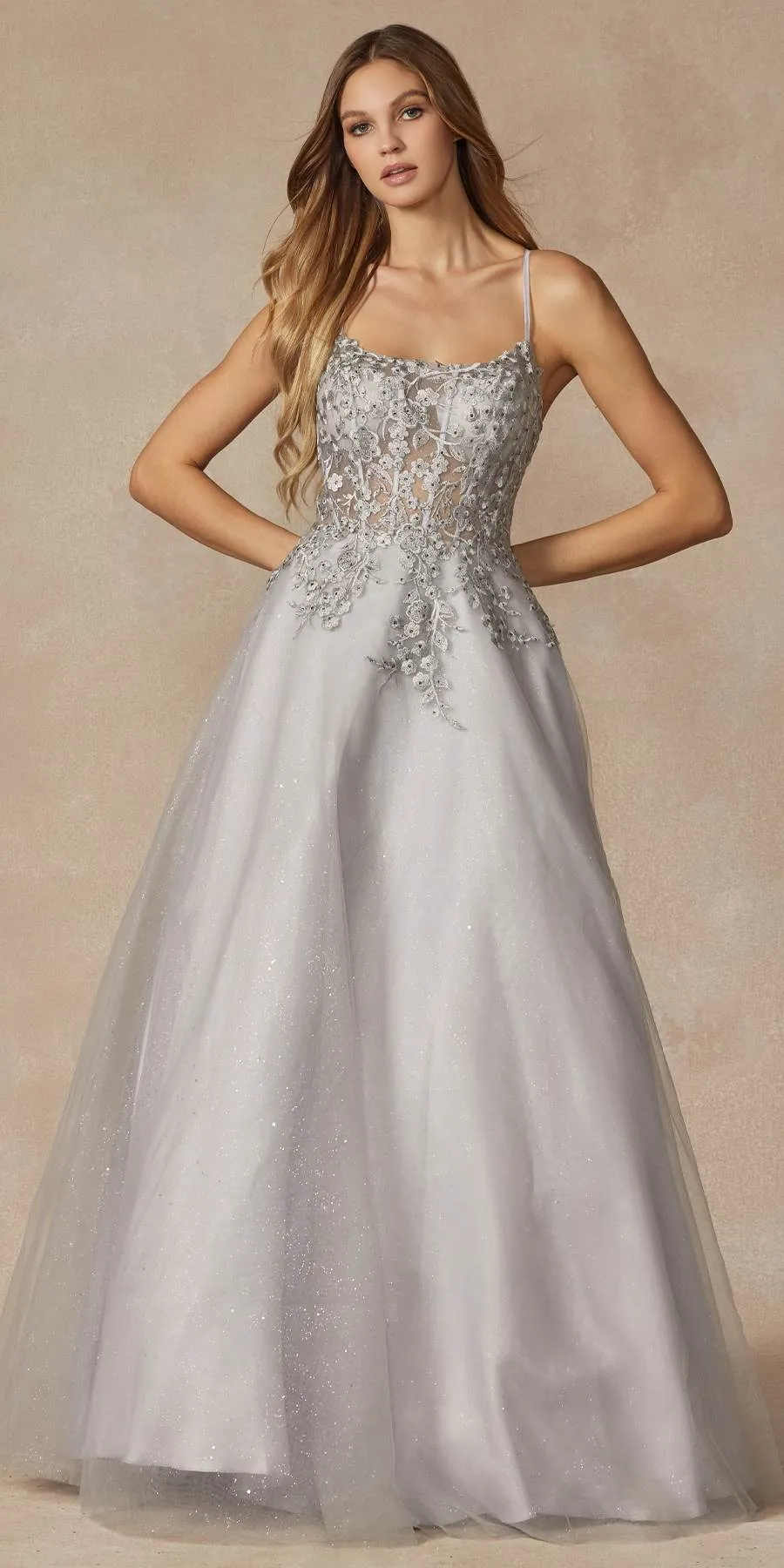 Juliet 295 Floor Length Leaf Lace Gown Corset Bodice Prom Gown