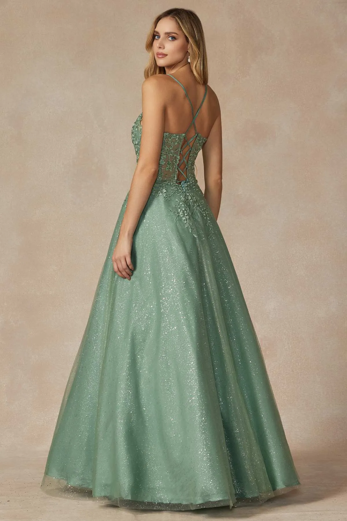 Juliet 295 Floor Length Leaf Lace Gown Corset Bodice Prom Gown