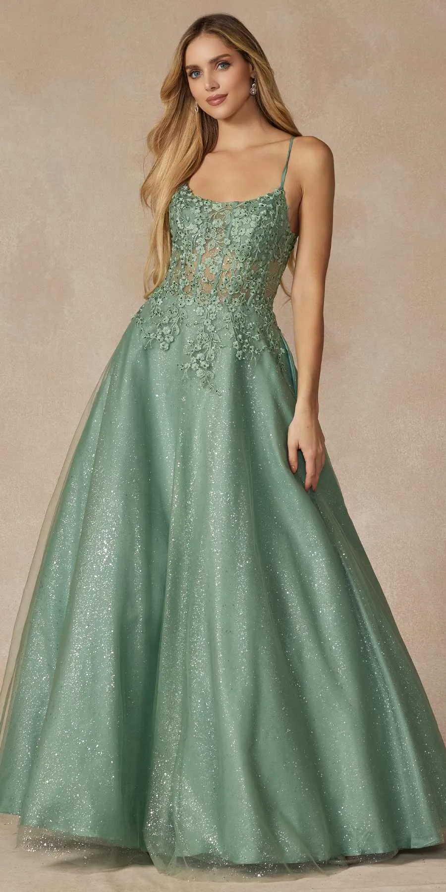 Juliet 295 Floor Length Leaf Lace Gown Corset Bodice Prom Gown