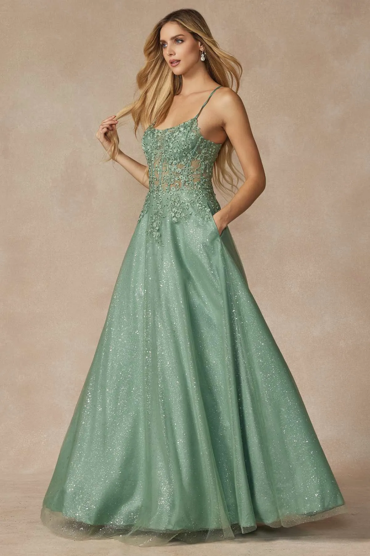 Juliet 295 Floor Length Leaf Lace Gown Corset Bodice Prom Gown