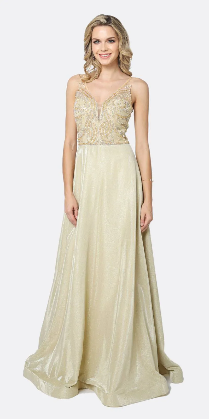 Juliet 699 Metallic Glitter Dress Embellished Bodice V-Neck Sleeveless