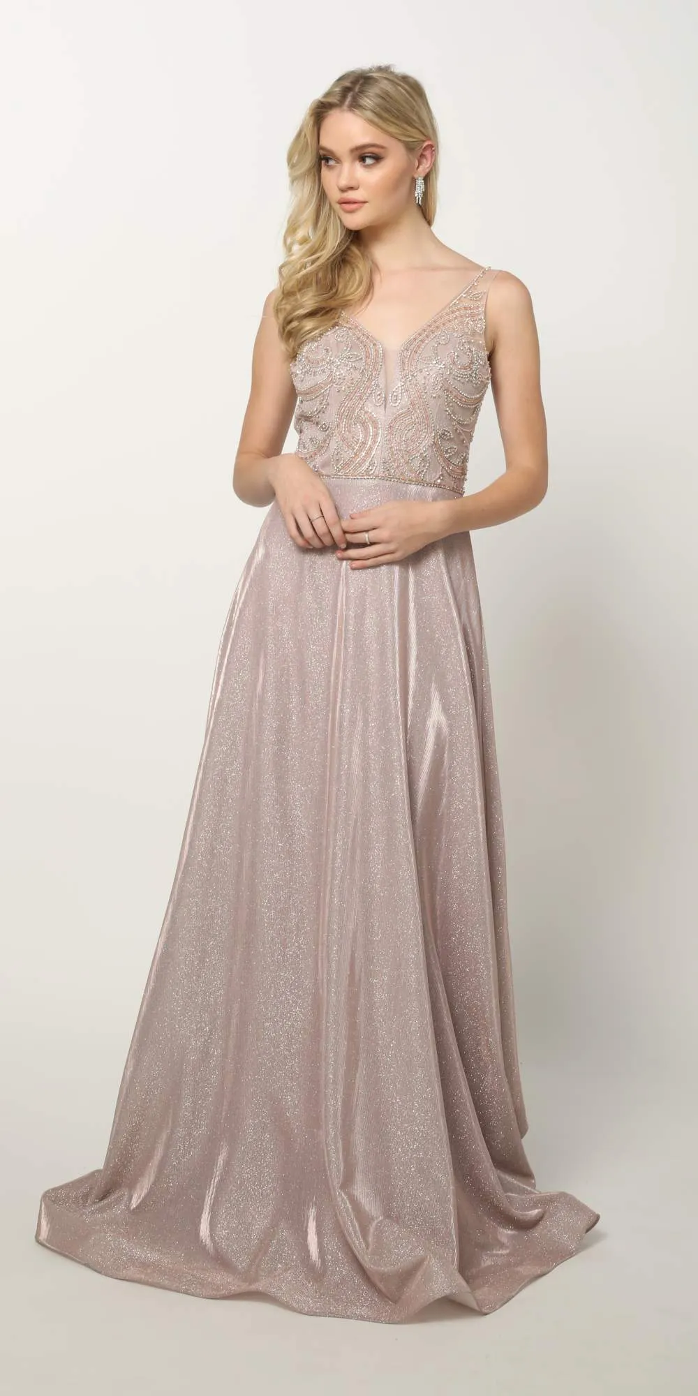 Juliet 699 Metallic Glitter Dress Embellished Bodice V-Neck Sleeveless