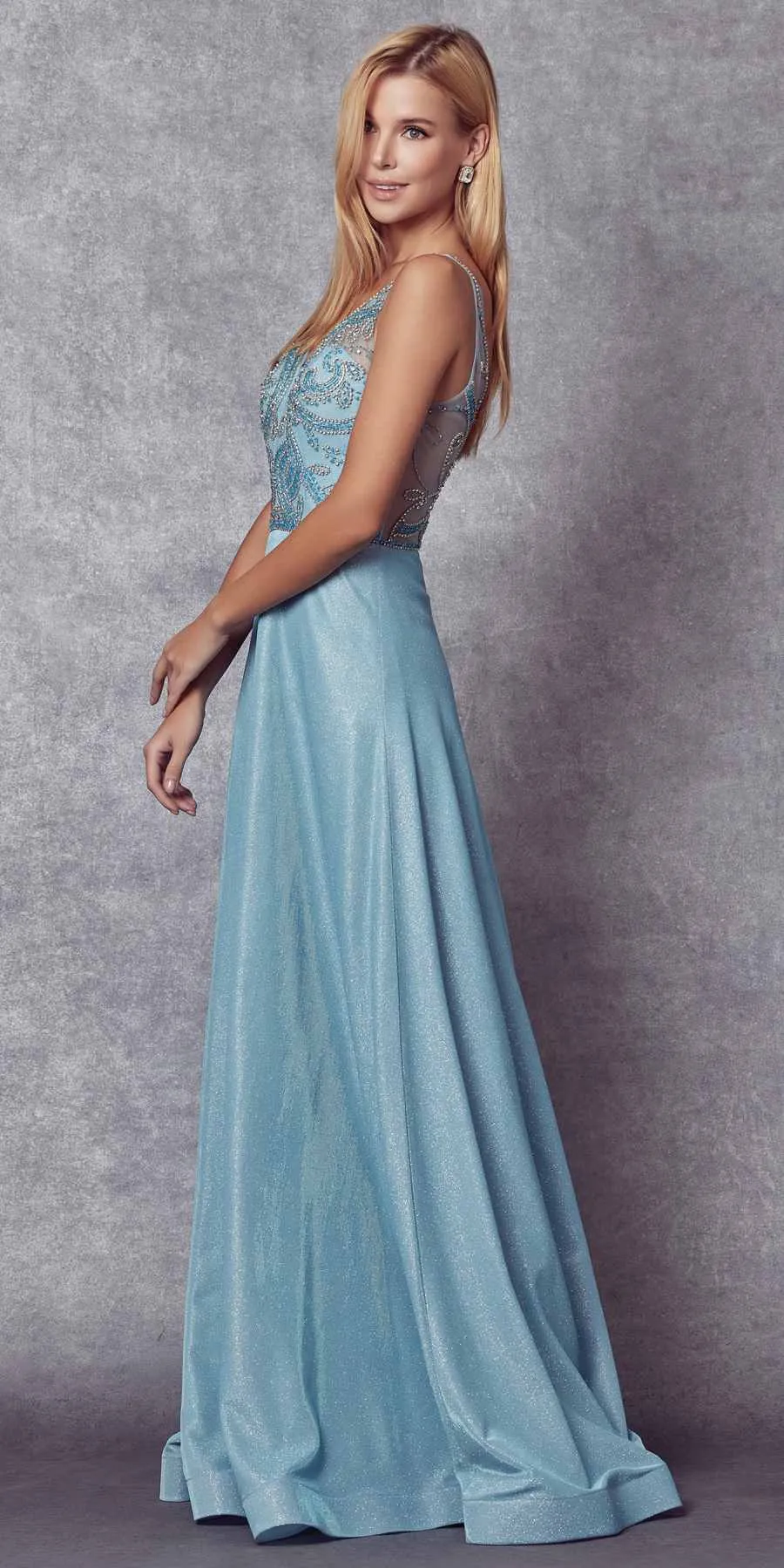 Juliet 699 Metallic Glitter Dress Embellished Bodice V-Neck Sleeveless
