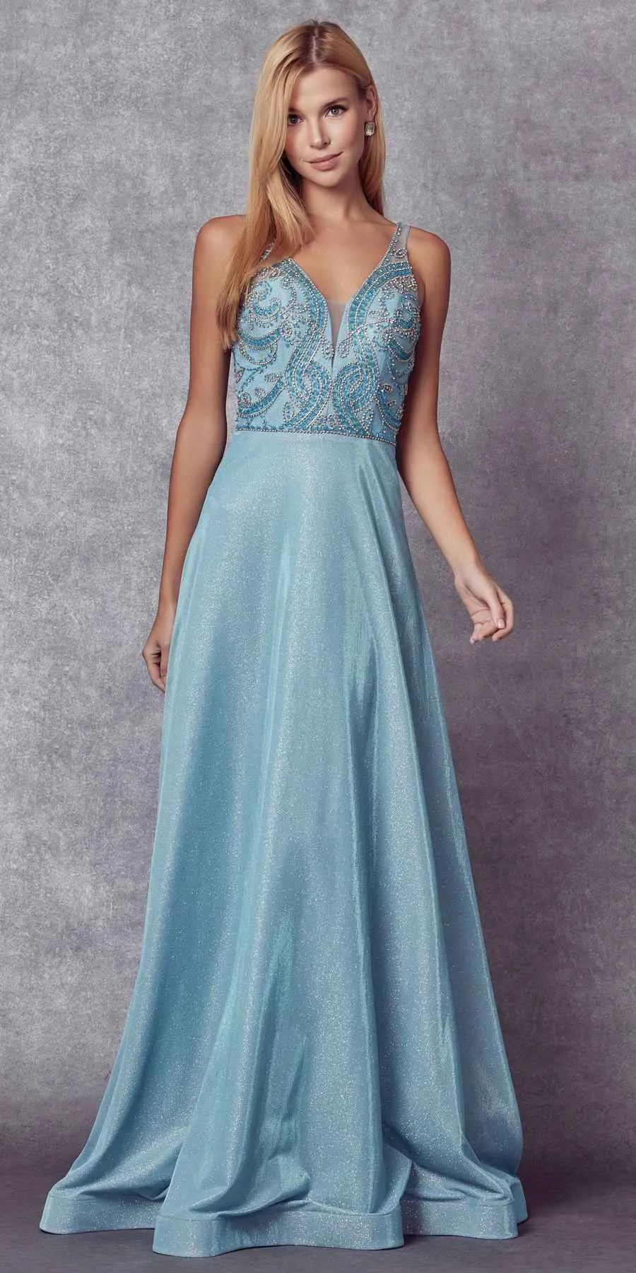 Juliet 699 Metallic Glitter Dress Embellished Bodice V-Neck Sleeveless