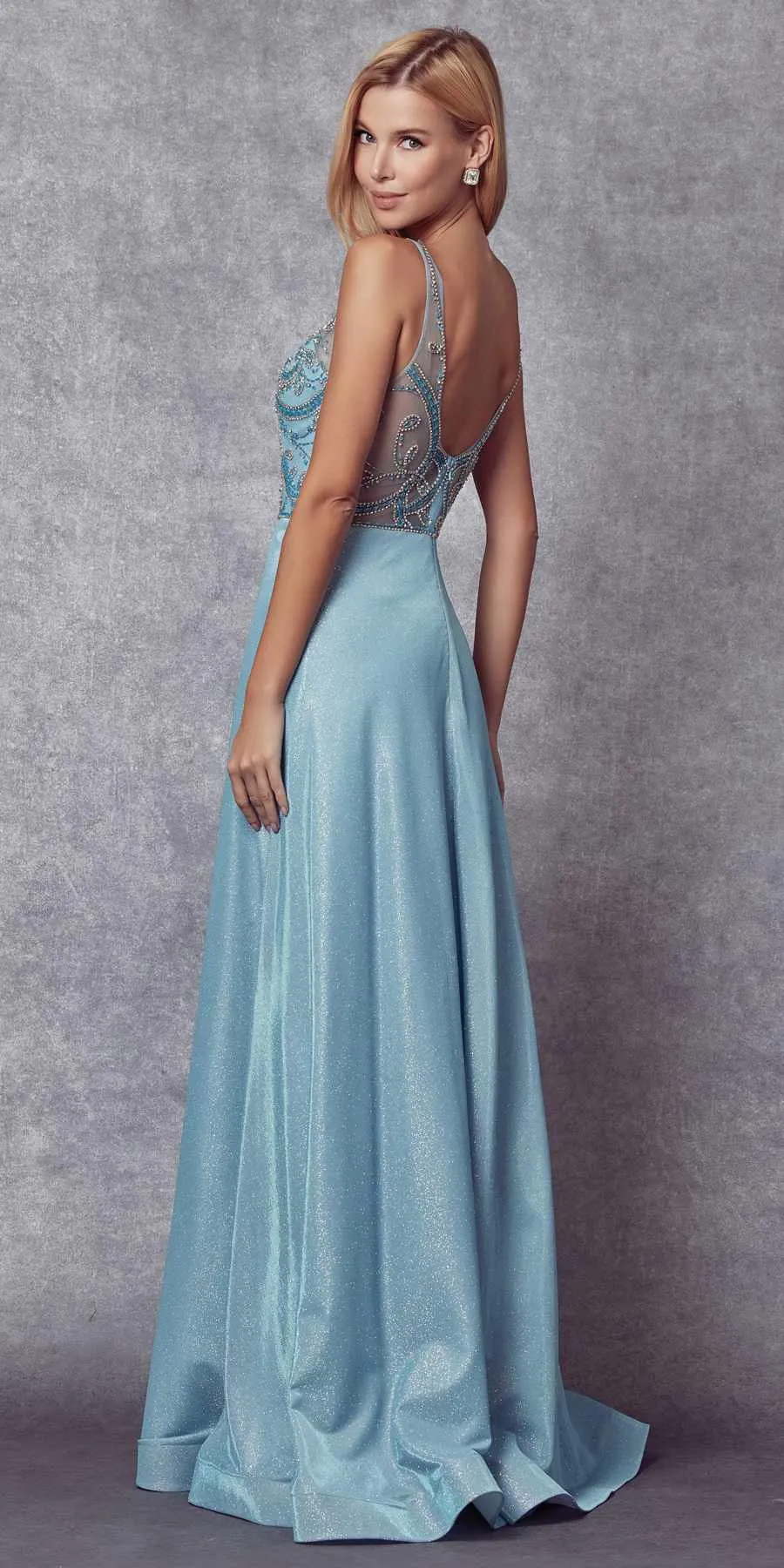 Juliet 699 Metallic Glitter Dress Embellished Bodice V-Neck Sleeveless