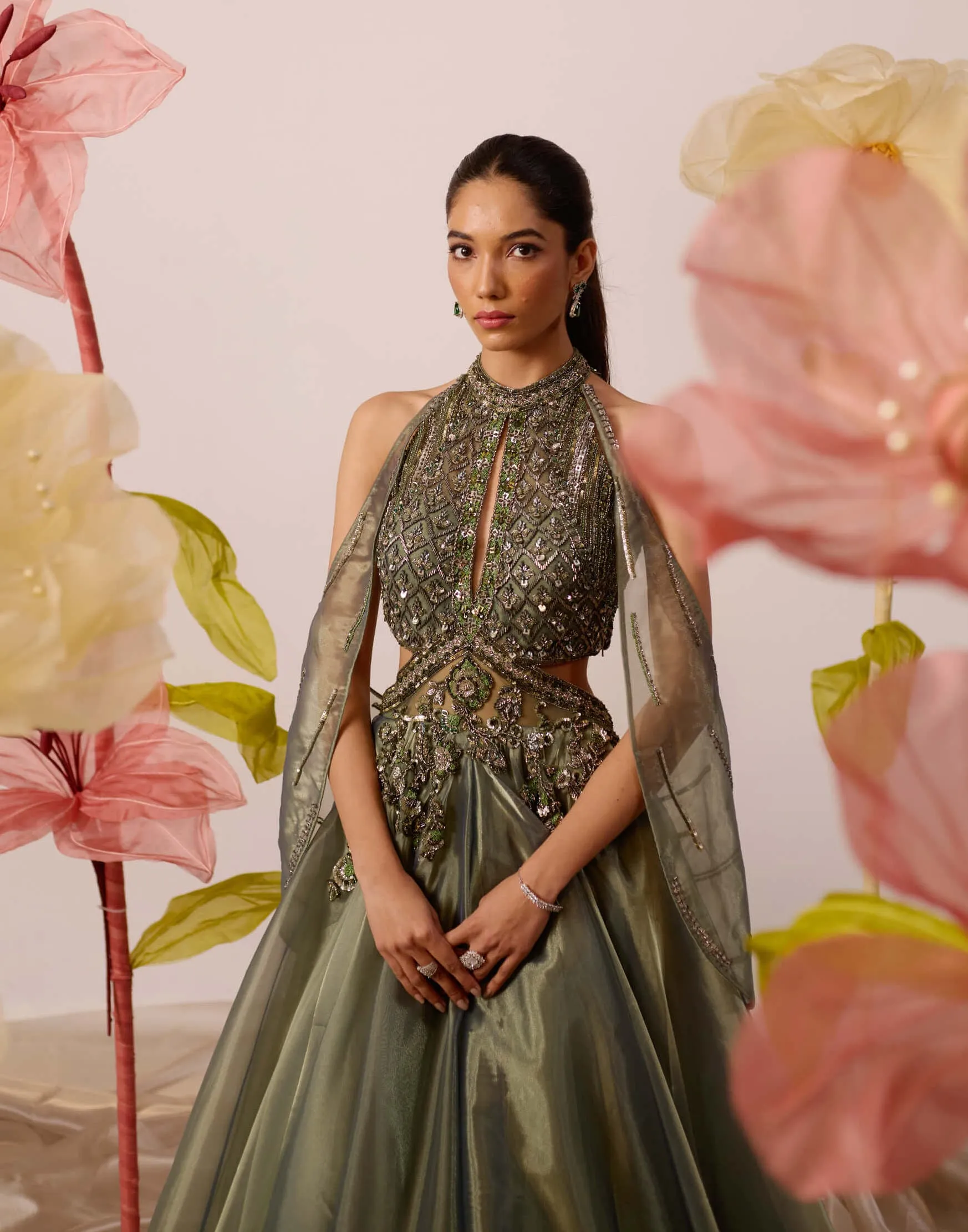Juniper olive gown with detachable cape
