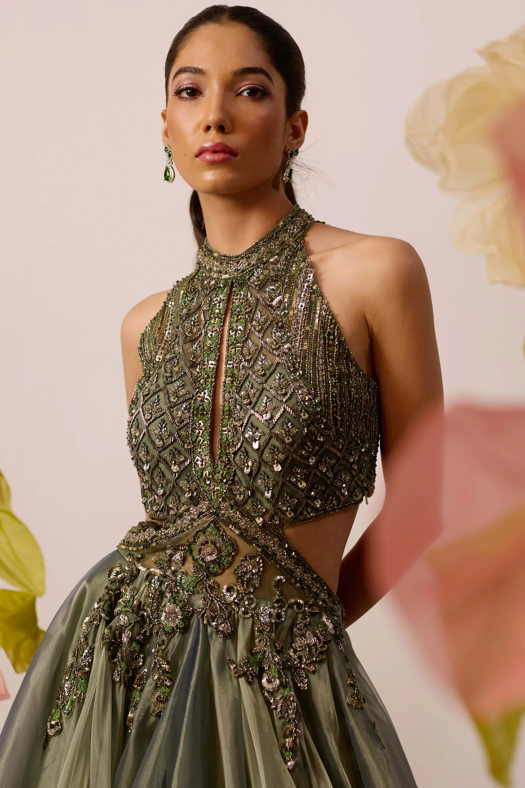 Juniper olive gown with detachable cape